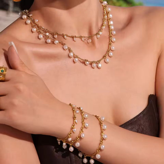 Elegant White Heart Imitation Pearl Tassel Beaded Necklace Copper Chain 18K Gold Plated Bracelet Women's Waterproof Jewelry Set
