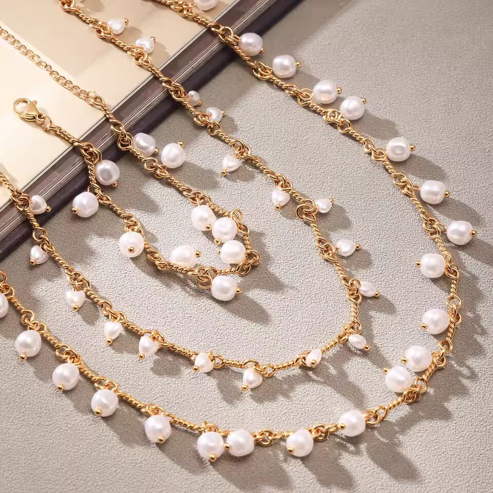 Elegant White Heart Imitation Pearl Tassel Beaded Necklace Copper Chain 18K Gold Plated Bracelet Women's Waterproof Jewelry Set