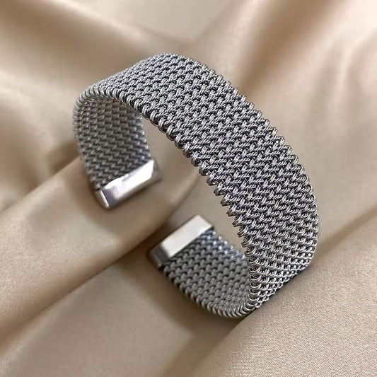 Vintage Stainless Steel Braided Mesh Open Bracelet Classic Cuff Waterproof Jewelry for Women Men Daily Party Wear Jewelry Gifts