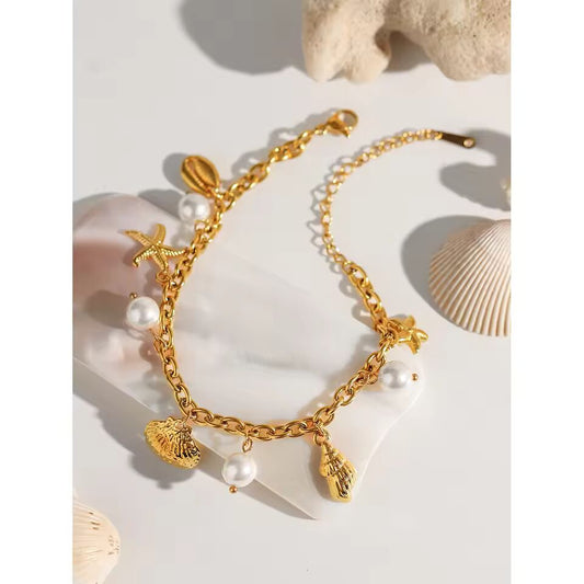 Zora 18K Gold PVD Plated Stainless Steel Pearl Shell Starfish Charm Bracelet Bangle Women Waterproof Beach Jewelrry Gift